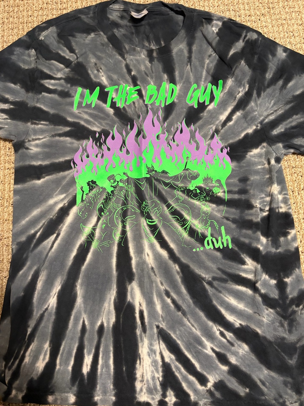 Tie-Dye Graphic Tee - "I'm the Bad Guy" Green & Purple Flames